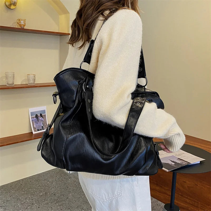 Ddbos Large Capacity Black Shoulder Bags For Women Large Shopper Bag Solid Color Soft Leather Crossbody Handbag Lady Travel Tote Bag