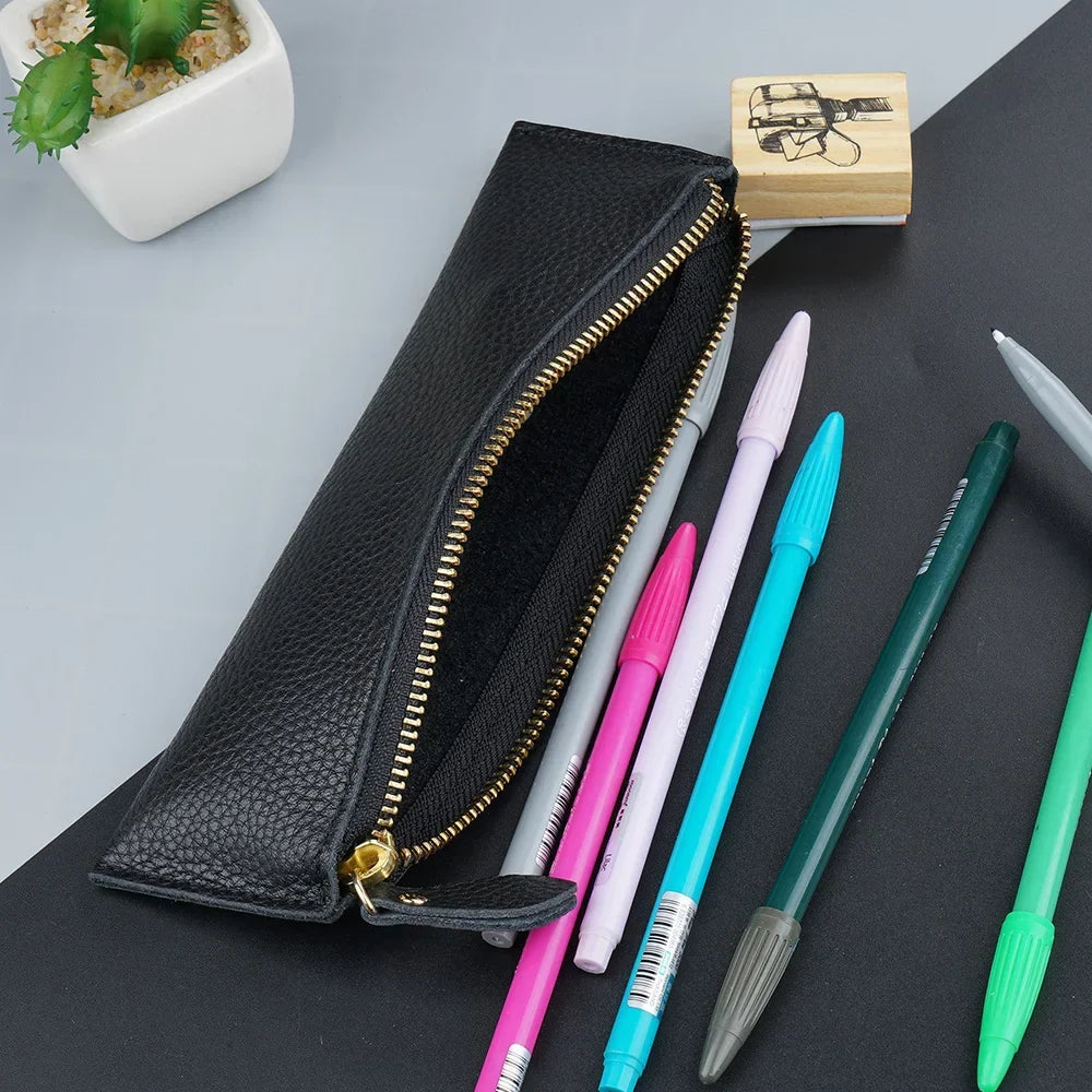 Ddbos BACK TO SCHOOL Natural Leather Zipper Pen Pencil Case Bag Pebbled Grain Leather Creative School Stationary Large Capacity Accessories Pen Pouch