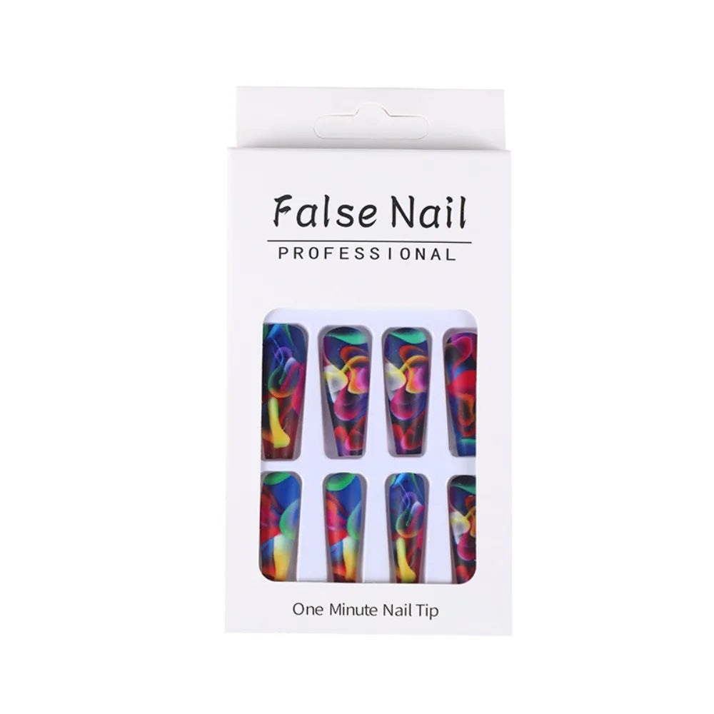 Ddbos 24pcs Long Water Pipe Fake Nails French Ballet nails Wave Rainbow Wearable False Nail Full Press on Nails Detachable Nail Tips