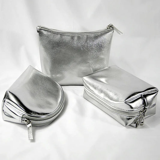  Silver Soft Leather Clutch Cosmetic Bag Travel Portable Bathroom Organizer Storage Makeup Bag Toilet Bag Pouch