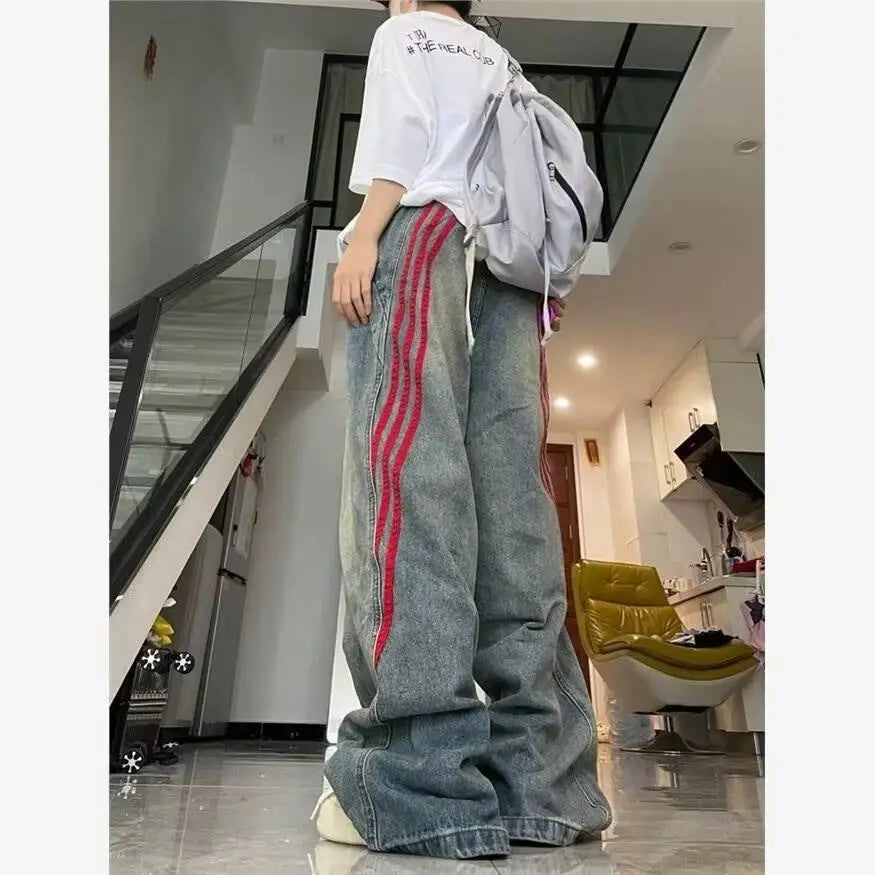 Ddbos American Hip-hop Retro Jeans for Men and Women Loose and Trendy Straight Leg Striped Patchwork Casual Washed Wide Leg Pants