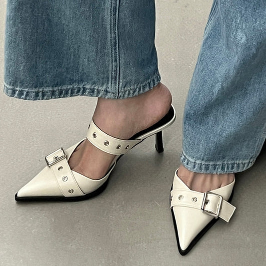 Punk Goth Metal Buckle High Heels Sandals Women Summer Pointed Toe Silver Party Shoes Woman Korean Style Thin Heels Sandals