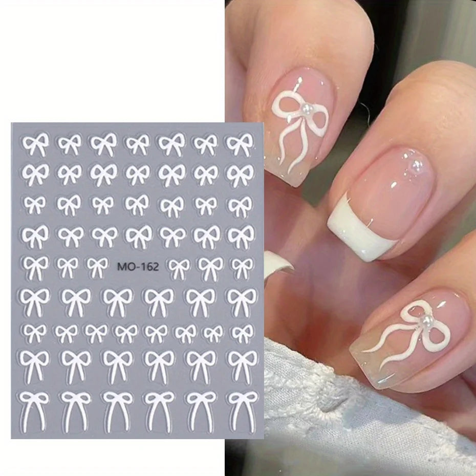 Black White Simple Bowknot Ribbon Relief Nail Stickers Silver Bow Tie Adhesive Decal Elegant Valentine Manicure Embossed Foils