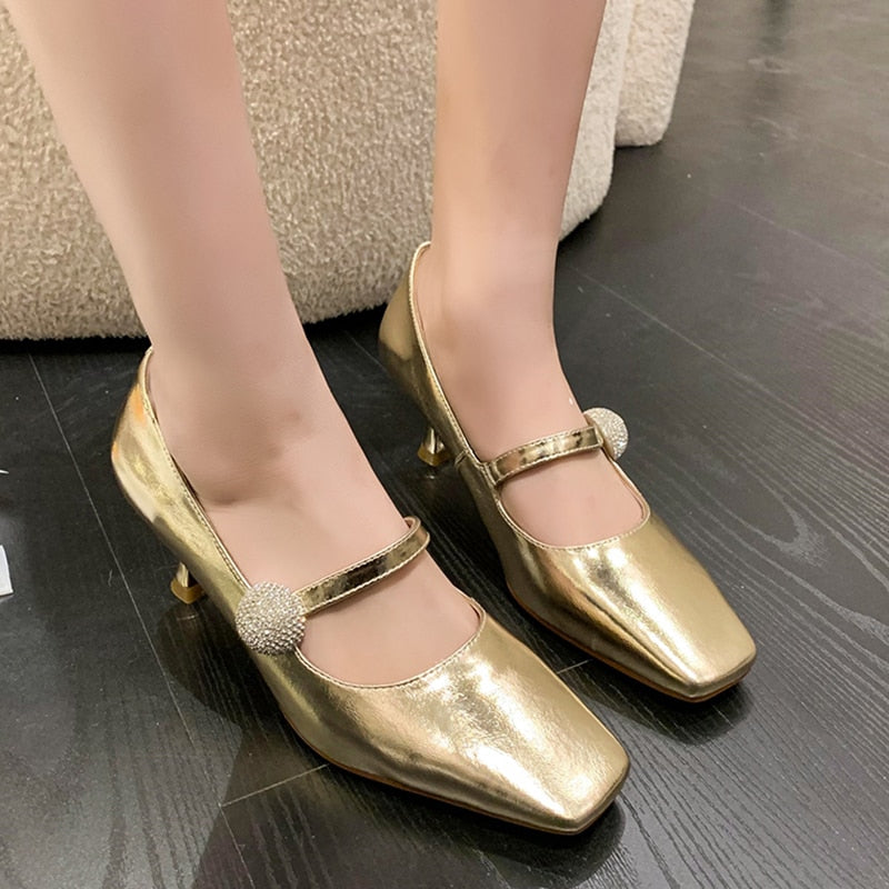 Ddbos Silver Thin Heels Mary Jane Shoes for Women Summer Crystal Square Toe Pumps Woman Shallow Mouth Patent Leather Single Shoes