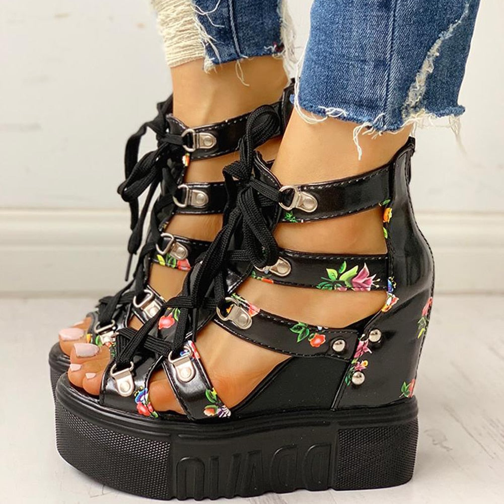 Ddbos Summer Printing Casual Wedge Women's Shoes Women's Sandals Thick Sole Laces High Heels Casual Women's Shoes Zapatos Mujer