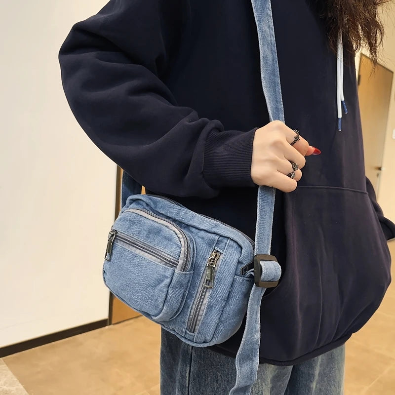 Ddbos Classic Denim Multi Pocket Casual Small Shoulder Bag With Adjustable Shoulder Straps Zero Wallet Solid Color Fun Crossbody Bag