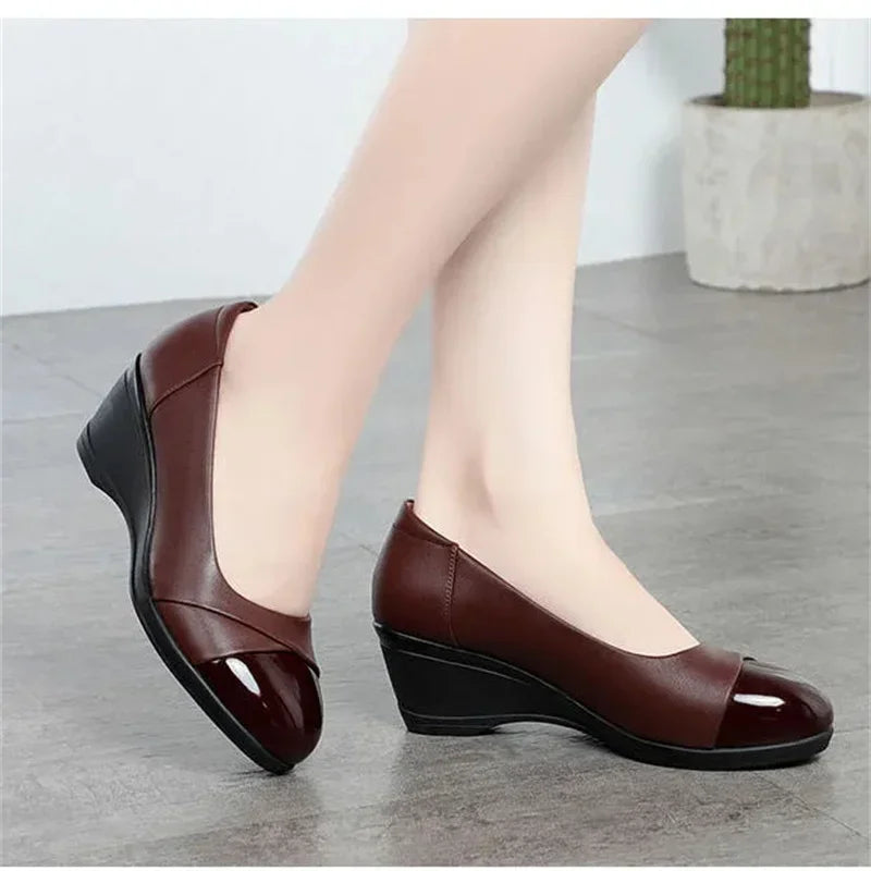 Ddbos Women Fashion Light Weight Wedge Heel Comfort Spring & Autumn Shoes Lady Casual Sweet Home & Outside Black Leather Pumps