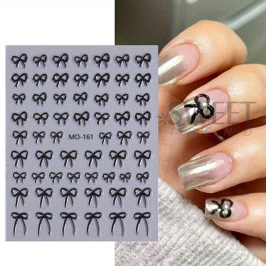 Black White Simple Bowknot Ribbon Relief Nail Stickers Silver Bow Tie Adhesive Decal Elegant Valentine Manicure Embossed Foils