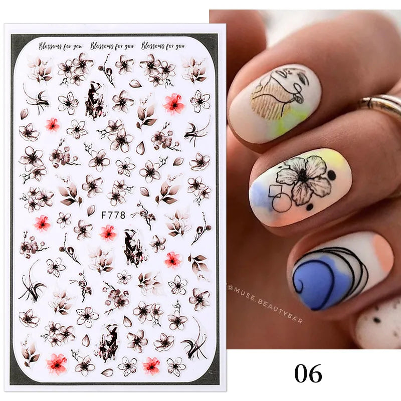 Ddbos 1PCS Black White Butterfly Laser Nail Stickers Y2K Nail Art Decoration Abstract Lines Bronzing Flowers Stickers For Nails