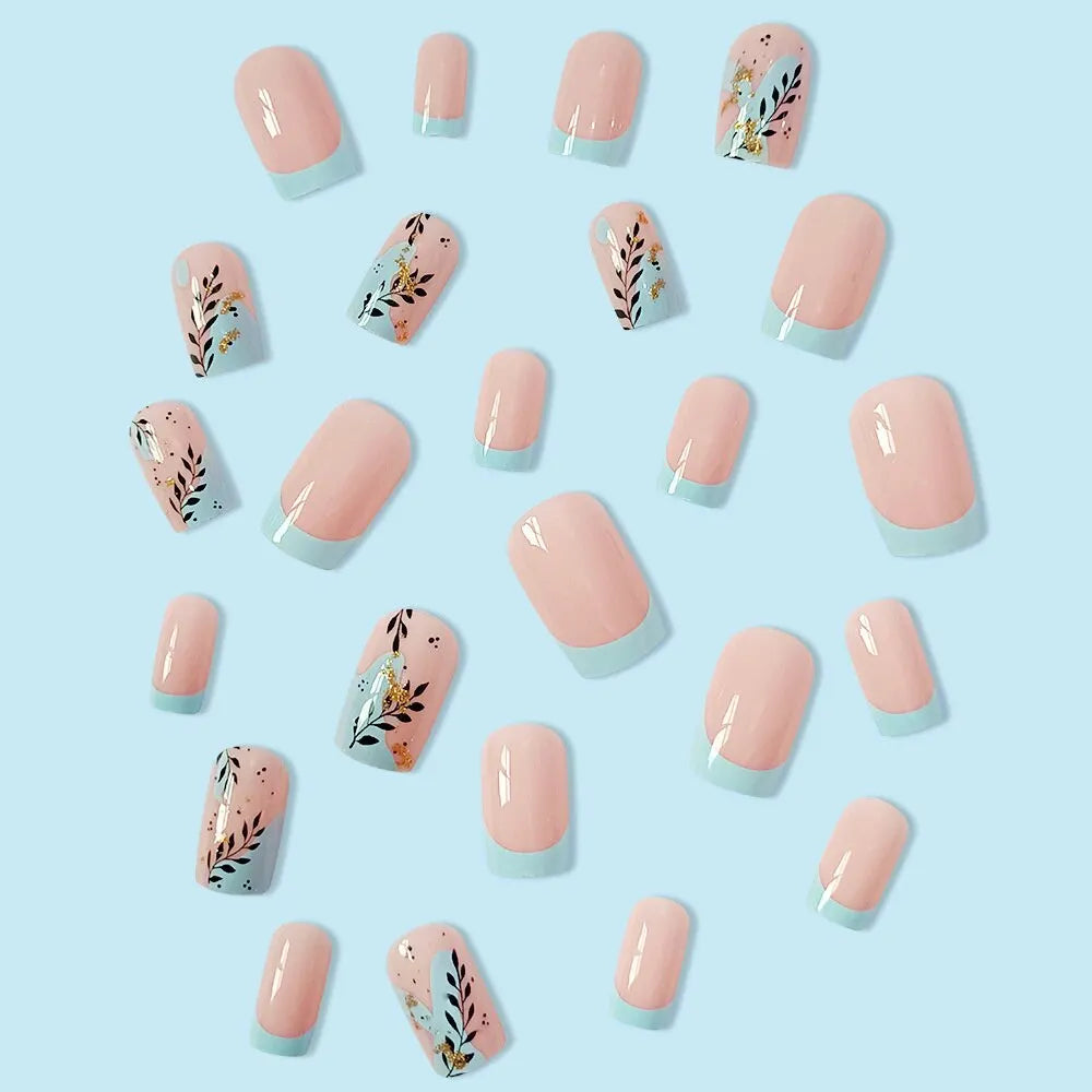 Fashion Leaves Square Head False Nails Set Press On Nails Nude Pink Manicure French Blue Fringe Fake Nail Tips With Designs