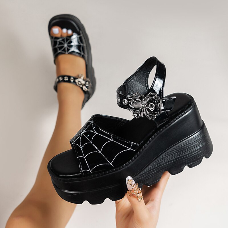 Ddbos Punk Chunky Platform Sandals Women Summer Y2K Wedge Heeled Sandals Woman Plus Size 43 Patent Leather Black Gothic Shoes