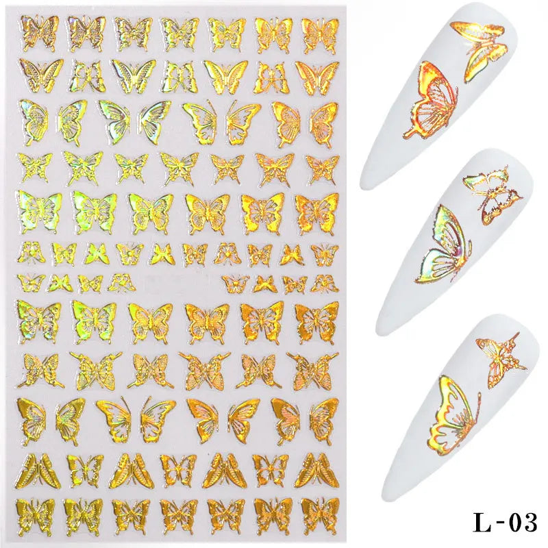 Ddbos 3D Laser Nail Stickers for Nail Art Decorations Gold Sliver Butterfly Nail Bronzing Stereoscopic Decals