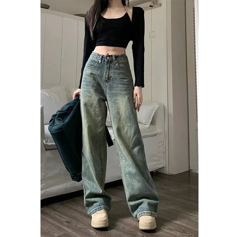 Ddbos Vintage 90S Baggy Straight Denim Trousers Female Y2K High Waist Loose Wide Leg Jeans Women Streetwear All-Match Casual Pants New