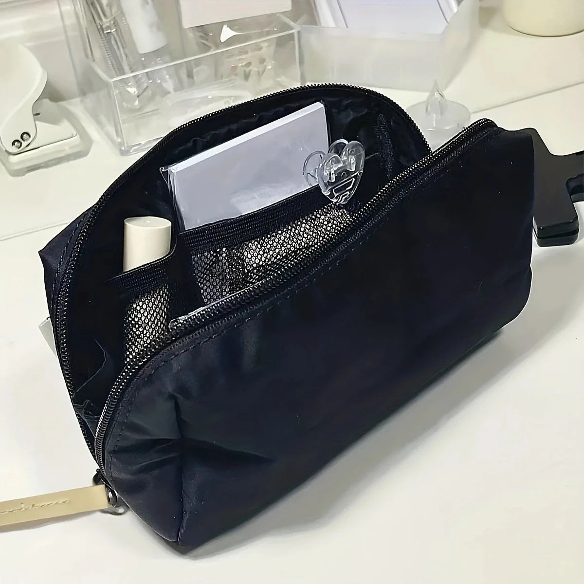 Ddbos 1pc-Simple black canvas pencil case with large capacity stationery storage bag, school student supplies