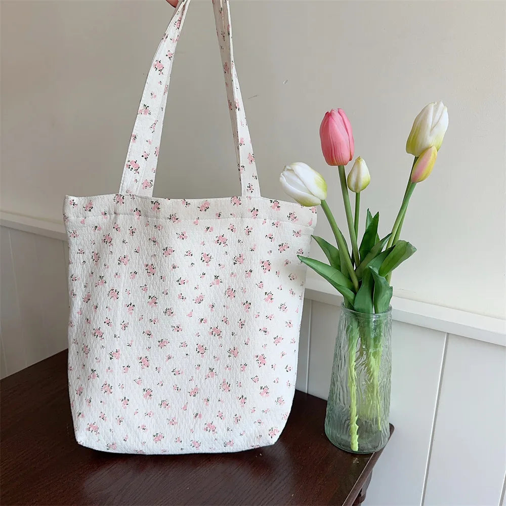 Retro Floral Women's Cotton Shoulder Bags Sweet Flower Ladies Casual Handbags Simple College Girls Book Tote Eco Shopping Bag