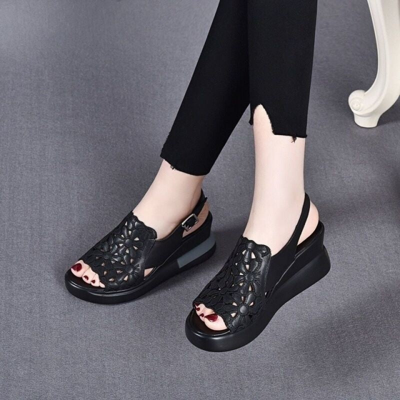 Ddbos Summer Wedge Shoes for Women Sandals Open Toe Platform Hollow Flowers Retro Lady High Heel Buckle Strap Casual Female Sandalias