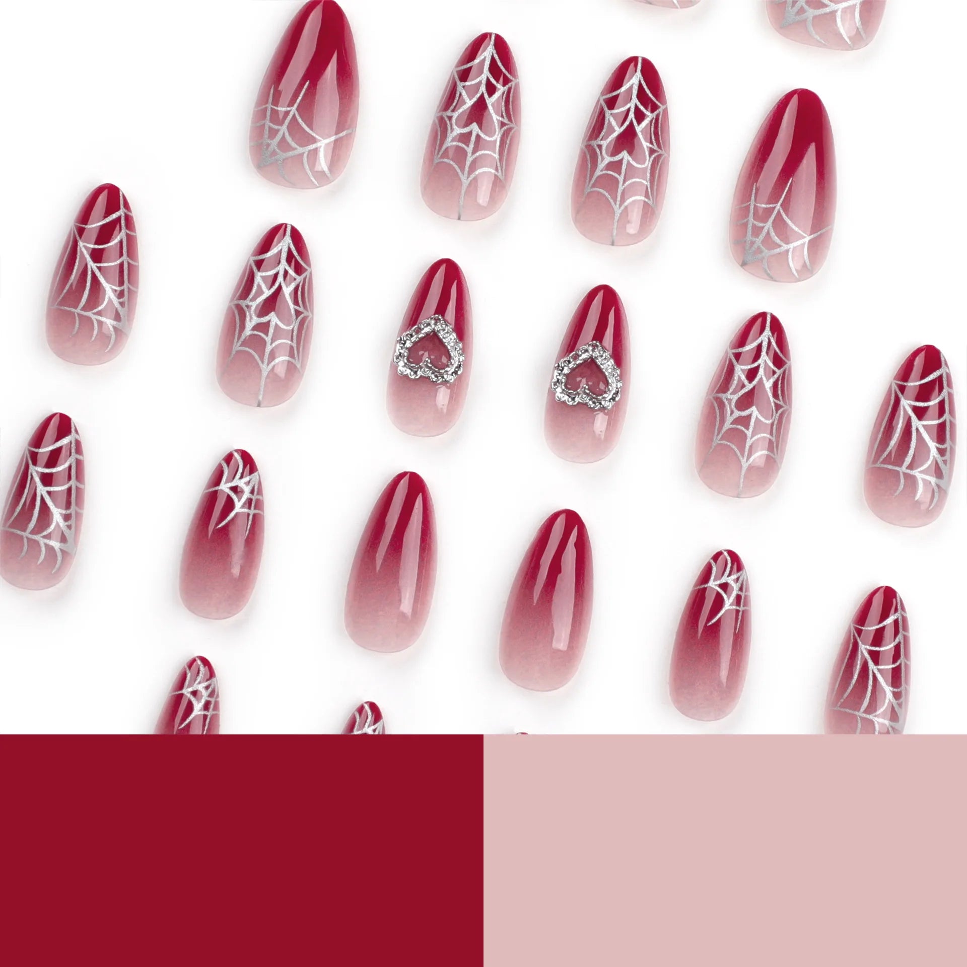 Gradient Red Fake Nail with Spider Web Pattern False Nails with Crystal Design Almond Press on Nail Tips Wearable