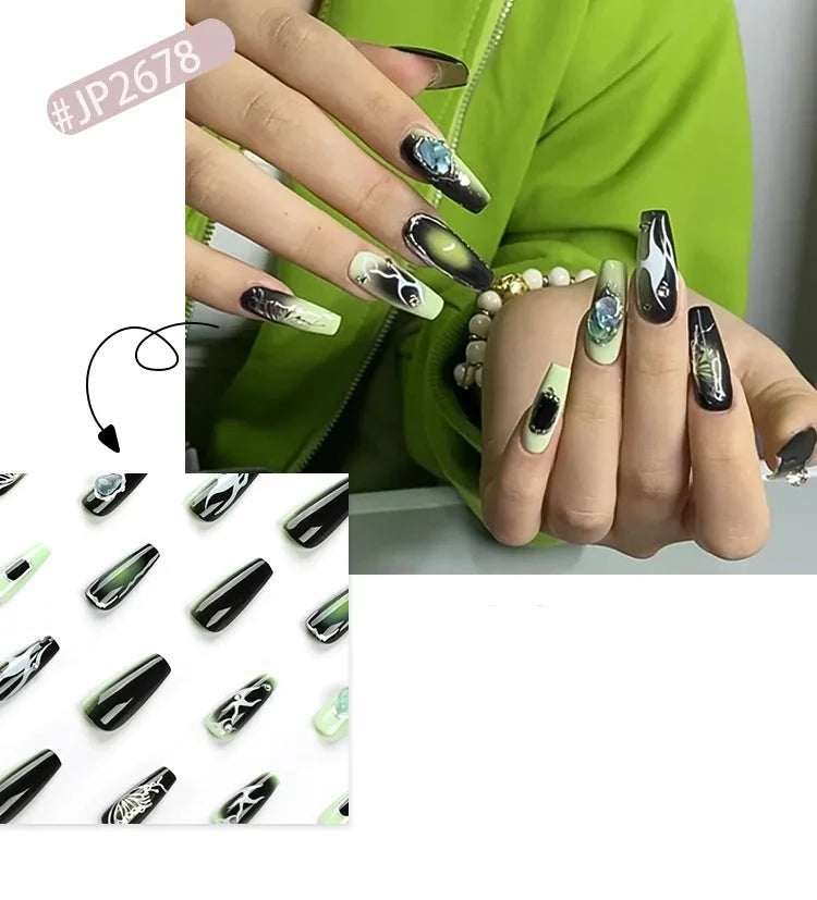 Ddbos 24PCS Long Ballet French Nail Art Fake Nails y2k Press On Black Green Gradient Nail Tips False Nails With Diamond Decoration