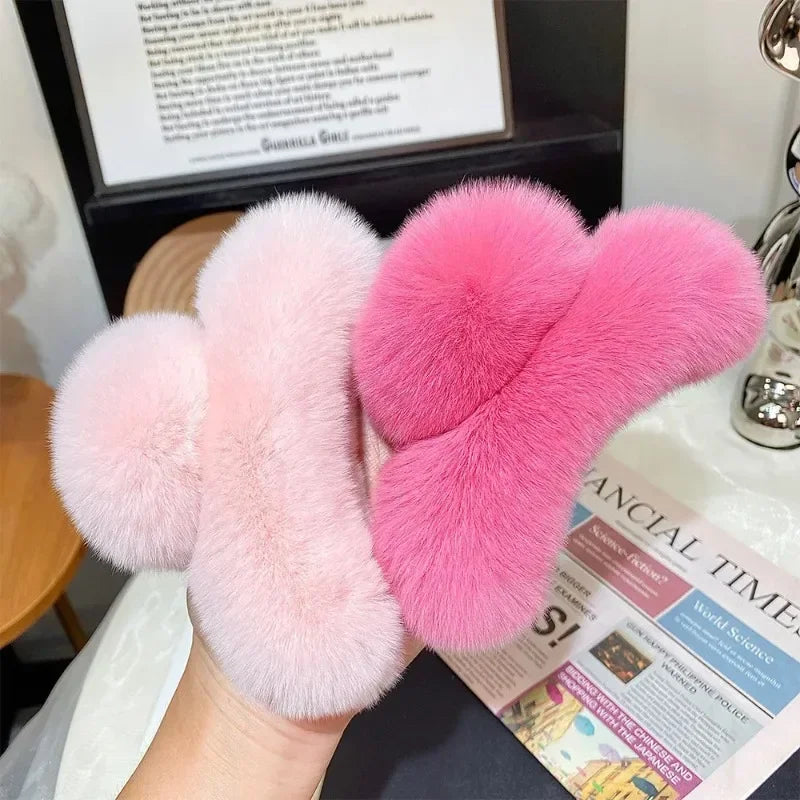 Ddbos Vintage Women Large Real Otter Rabbit Plush Hair Clip Korea Autumn and Winter Elegant Shark Claw Girl Sweet Hair Accessories