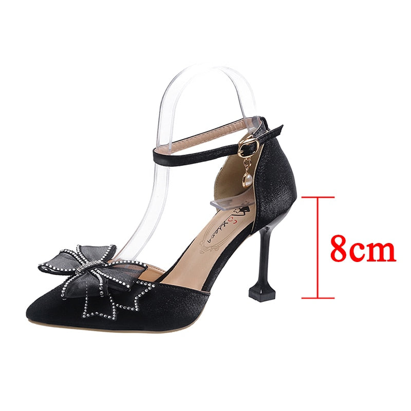 Ddbos Sexy Thin Heels Ankle Strap Pumps Women Lace Bowknot Wedding Party Shoes Woman Elegant Pointed Toe Silk High Heels Shoes