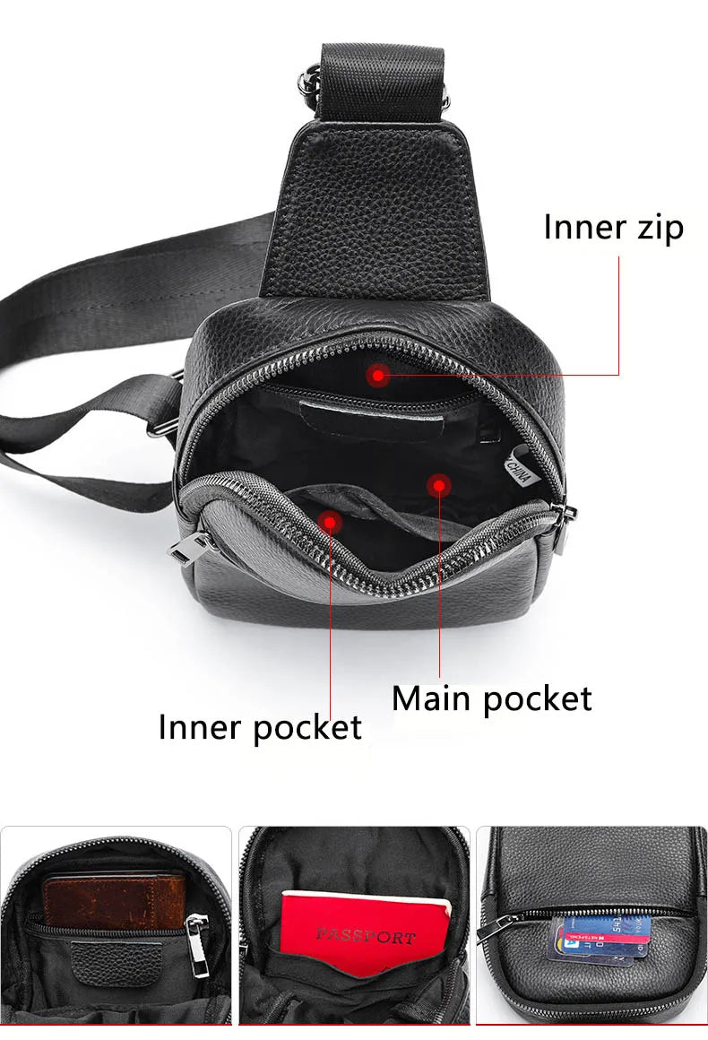 Ddbos Male Chest Bags Genuine Leather Crossbody Bag Men Sling Chest Pack for Men Chest Bag Leather Casual Men One Shoulder Bag Black