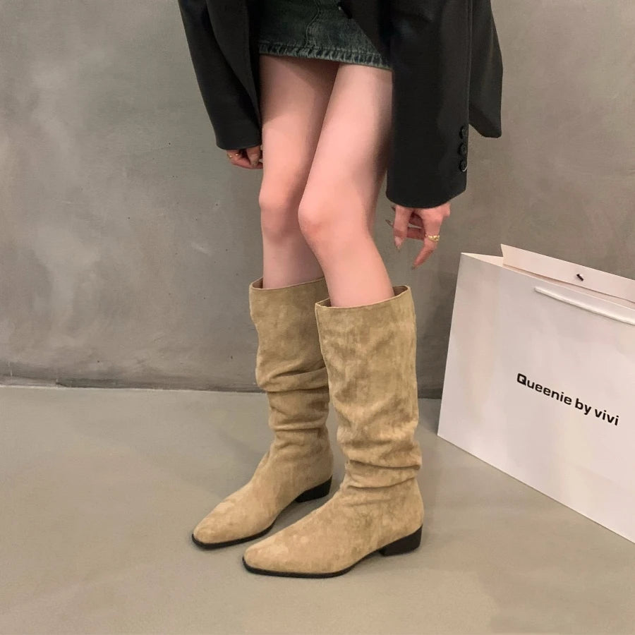 Ddbos Women Knee High Boots Autumn Winter Female Shoes Fashion Female Slip-on Folds Low Heel Pointed Toe Long Boots Botas De Mujer