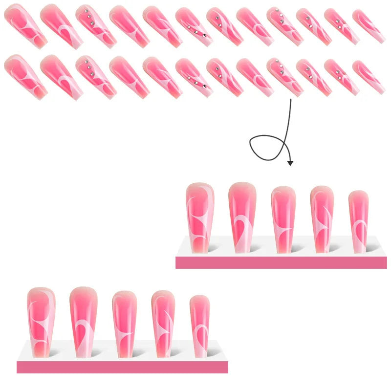 Long Ballerina Y2K Nails White Stripe French False Nails Rhinestones Decor Pink Gradient Ins Style Fake Nails Press On Nail Tips