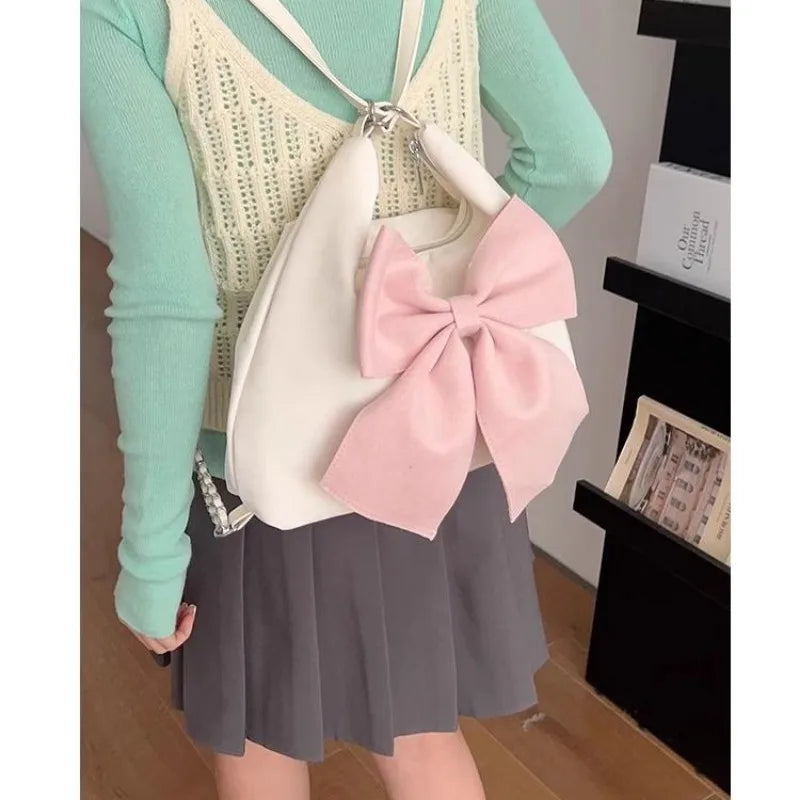 Ddbos Pink Bow Womens Shoulder Bag Korean Style Fashion Large Capacity Sweet Backpack Cute Exquisite Elegant New Female Tote Bag