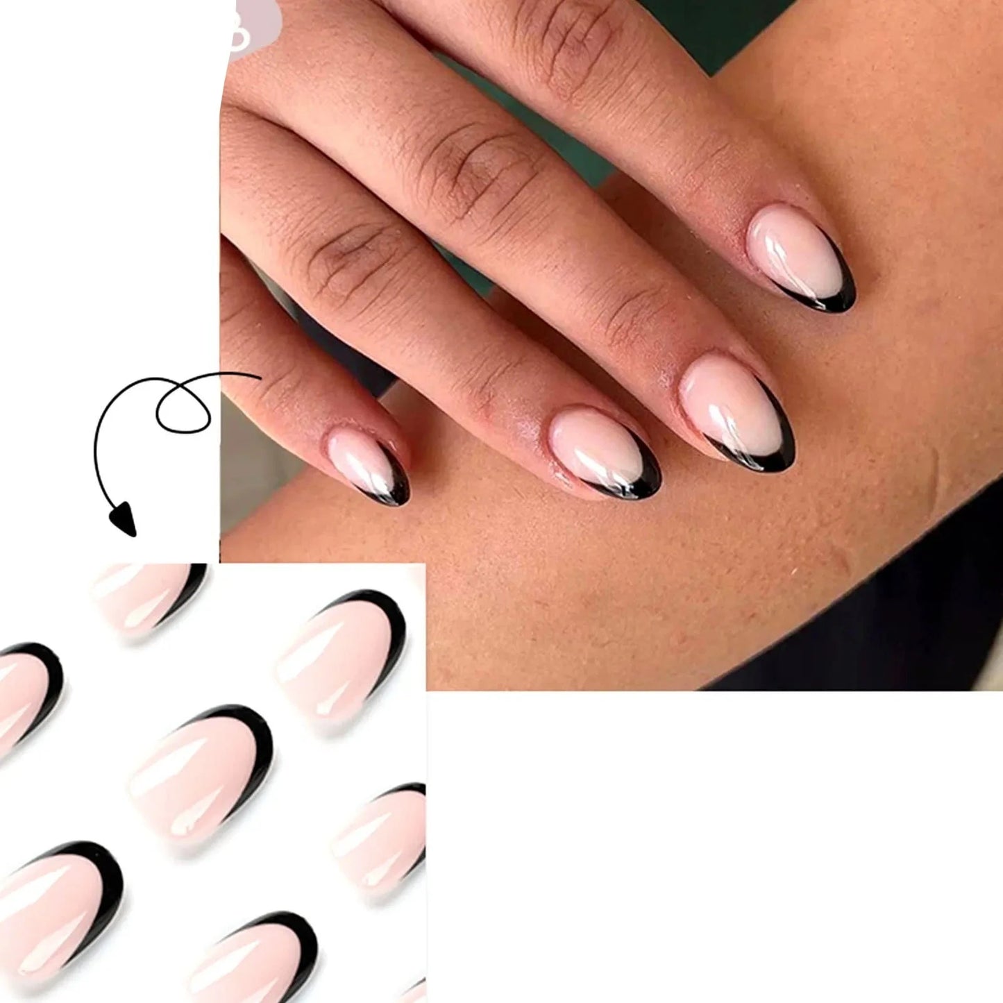 Ddbos French Oval False Nails for Girls 24pcs Black Edge Design Nude Color Wearable Press on Nail Tips Full Cover Short Acrylic Nails