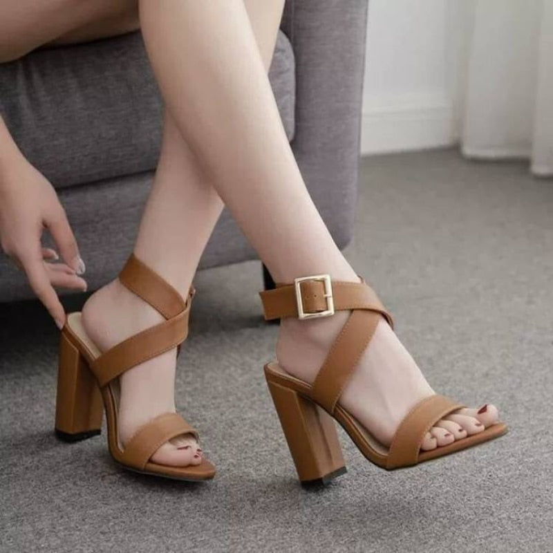 Women's Shoes Sexy Cross Strap One Line Buckle Chunky Heels All-match Open Toe Roman Sandals Comfortable  Heels Women