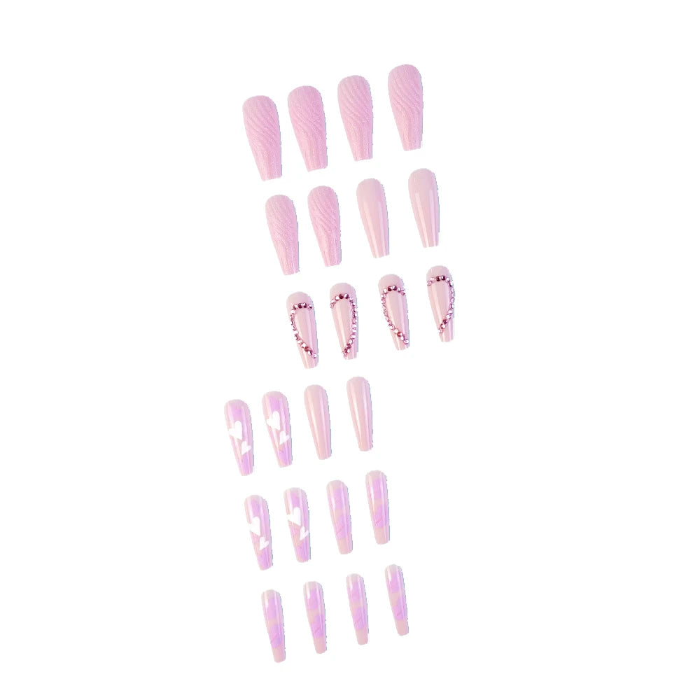 24 Pcs Glossy Long Ballerina Press On Nails Pink Heart Pattern Fake Nails With Rhinestone Shiny Artificial Reusable False Nails