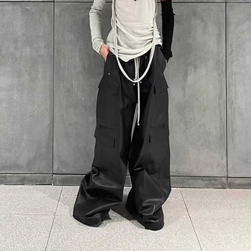 Ddbos RO Style Matte PU Leather Pants for Men High Street Y2k Pantalones Hombre Baggy Overall Wide Leg Drawstring Cargo Pants