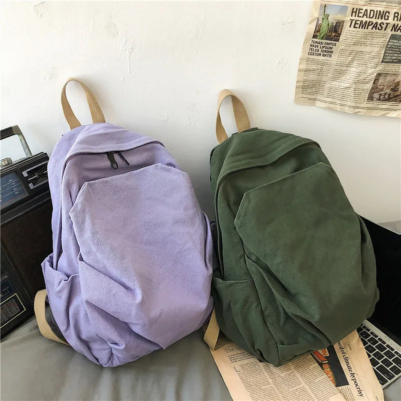 Ddbos BACK TO SCHOOL New Japanese Solid Colour Schoolbag Korean Student Canvas Backpack Large Capacity Double Shoulder Bag for Women Travel Backpack