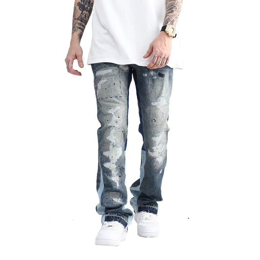 Ddbos Blue Speckle ink Washed Destroyed Flared Jean Pants Hip Hop Graffiti Ripped Denim Jeans Men Streetwear Vintage Wide Leg Jeans