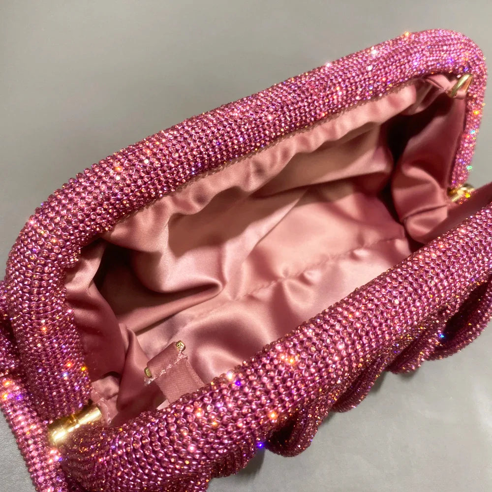 Ddbos Shiny Handle Rhinestones Handmade Evening Clutch Bags New Folds Purses And Handbags Luxury Designer Wedding Party High Quality