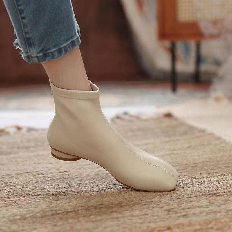 Ddbos Women Soft Leather Ankle Boots Square Toe Round Mid Heel Zipper Fashion Short Boot Autumn Winter Ladies Shoes Beige Retro Boots