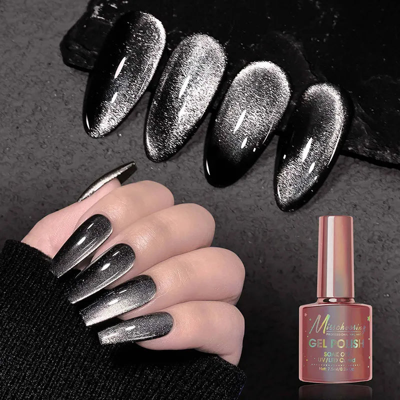 Ddbos Black Crystal Cat Eye Magnetic Gel Semi Permanent Nail Polish Sparkling Glitter Nail Soak Off LED UV Gel Varnishes