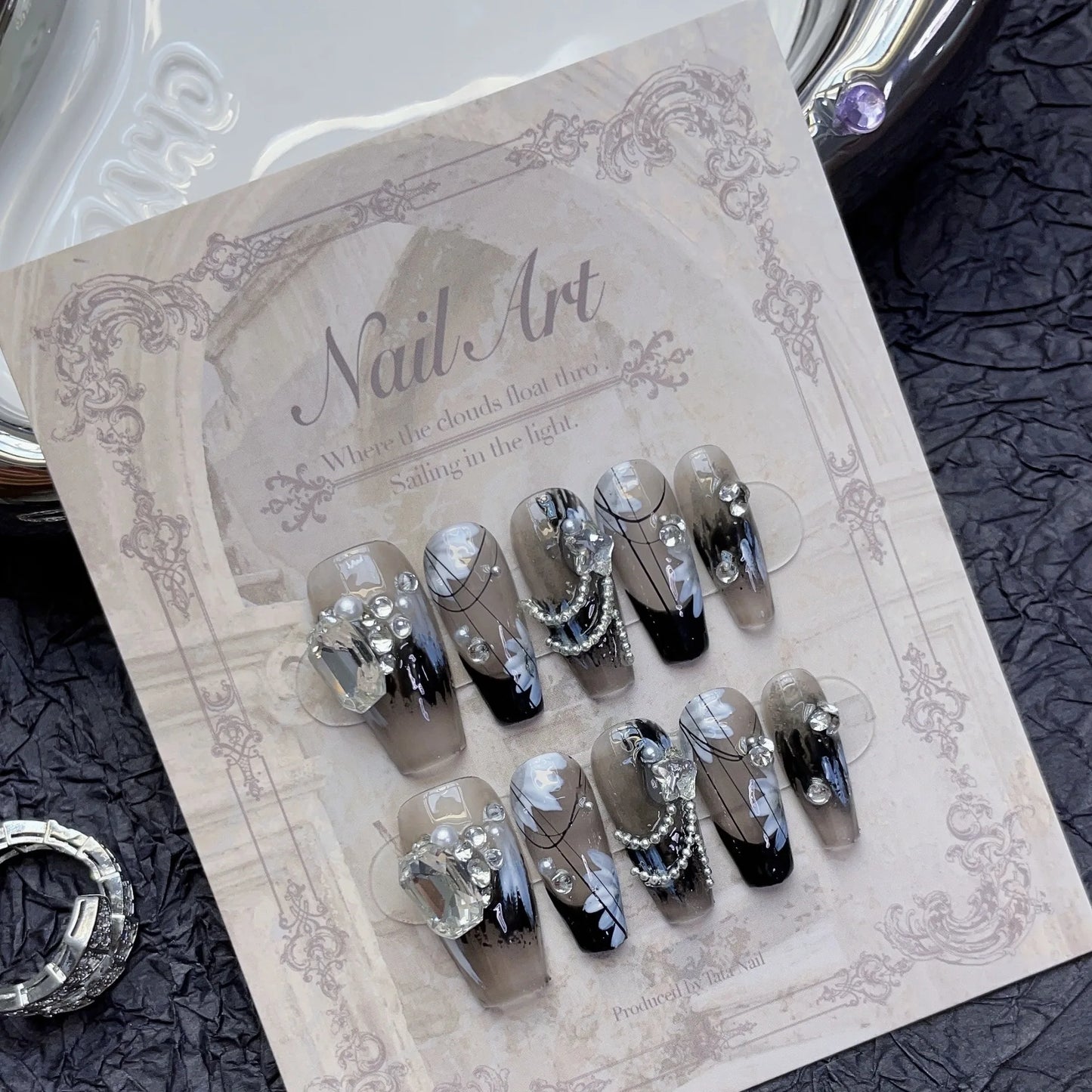 10pcs detachable ballet french black false nails with diamond acrylic press on nails full cover handmade fake nails with glue