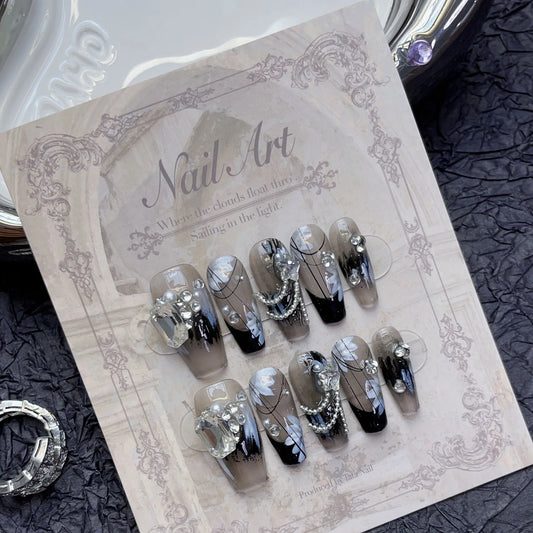 10pcs detachable ballet french black false nails with diamond acrylic press on nails full cover handmade fake nails with glue