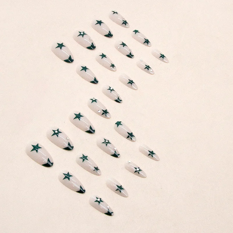 24Pcs Cool y2k False Nails Green Star Printed Design Almond Fake Nail Patch for Girl Wearable Ins Artificial nails