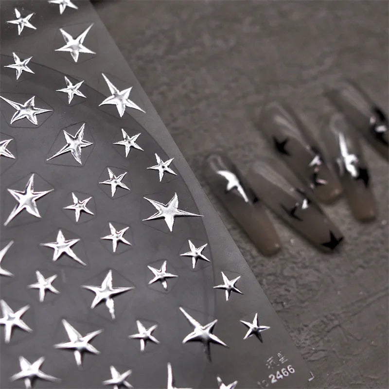 Ddbos 3D Bronzing Laser Silver Irregular Star Nail Decals Metallic Effect Silver Pentagram Nail Decals Adhesive Nail Art Star Stickers