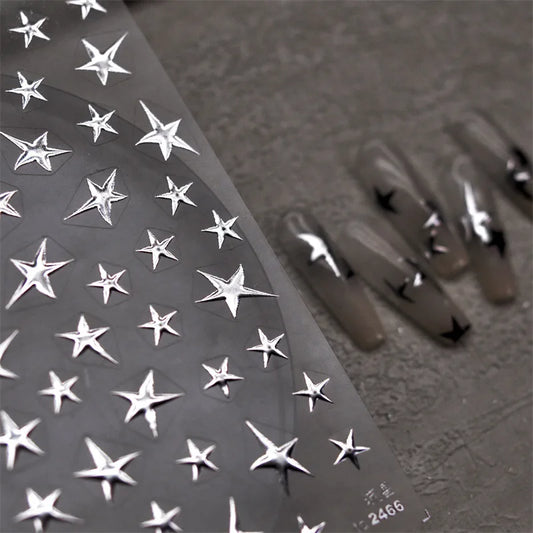 Ddbos 3D Bronzing Laser Silver Irregular Star Nail Decals Metallic Effect Silver Pentagram Nail Decals Adhesive Nail Art Star Stickers