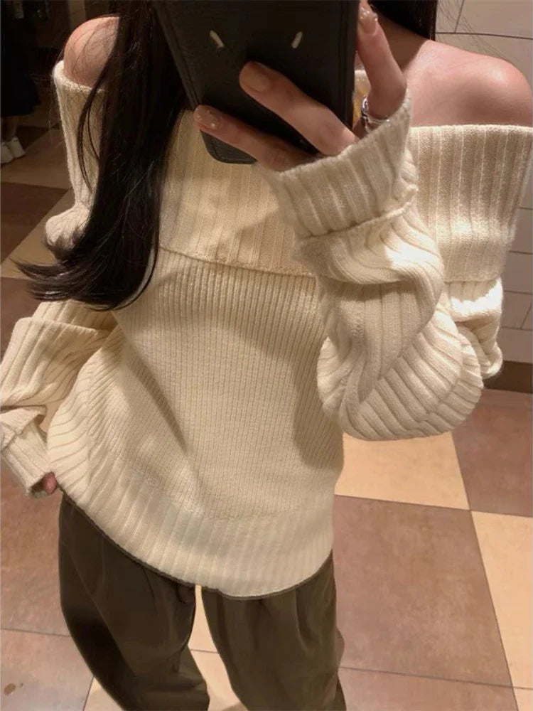 Ddbos comfy outfits winter Vintage Off Shoulder Sweater Women Solid Elegant Sexy Knitwear Long Sleeve Jumper Slash Neck Causal Harajuku Pullovers