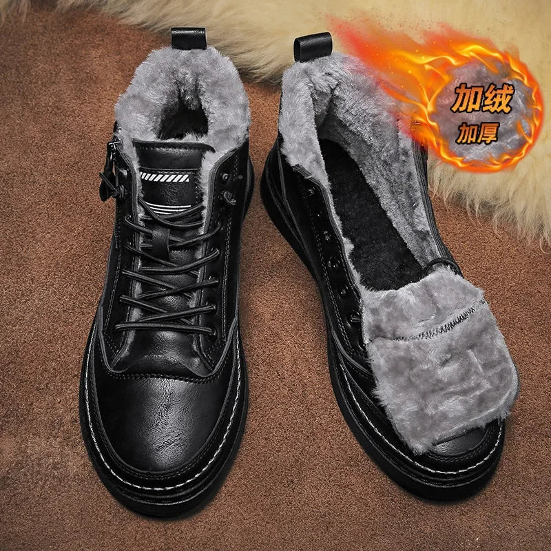 Ddbos Leather Men's Boots Winter Platform Warm Fur Ankle Short Lace Up Fashion Novelty Concise Casual Work Shoes Botas