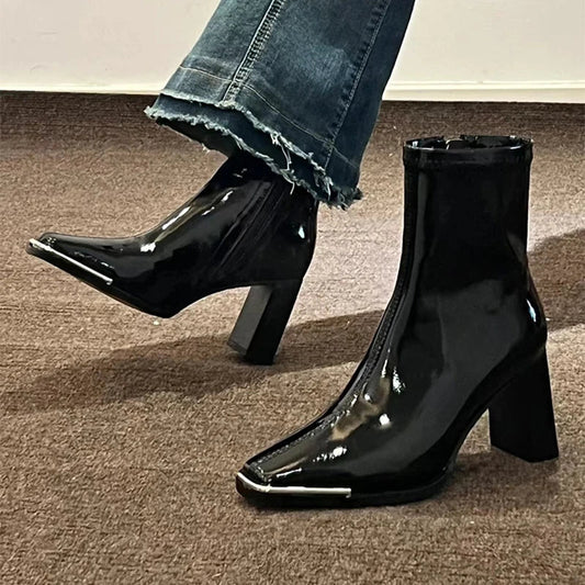 Ddbos Fashion Women Thick High Heel Ankle Boots Solid Patent Leather Office Pumps 2024 Autumn Mujer Square Toe Short Boots