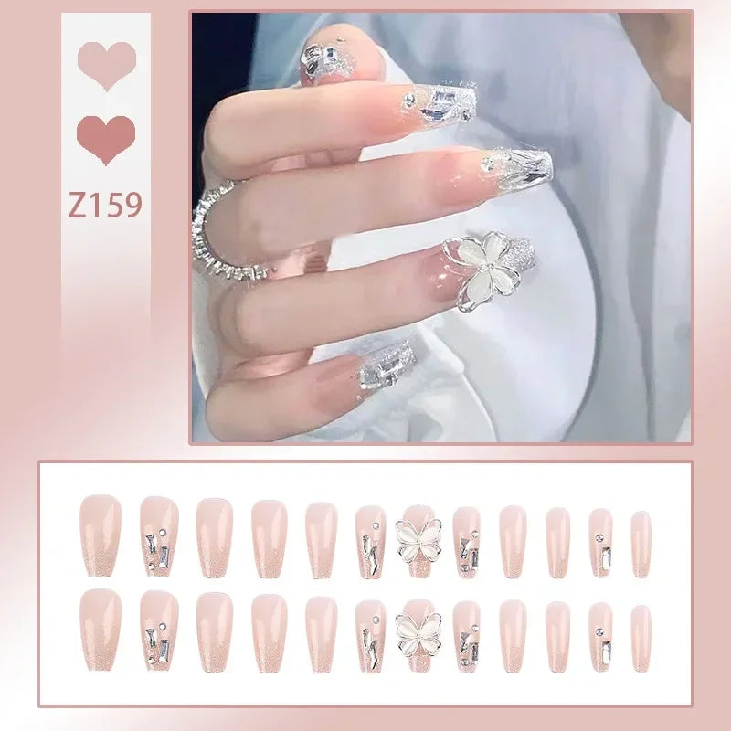 Ddbos 24pcs/box Fake Nails Press on Reusable with Designs Set French Artificial Aurora Diamond False Tipsy Stick-on Nails Tips Art