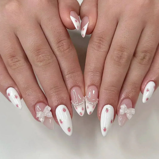 Ddbos 24Pcs Almond False Nails Cute Strawberries with French Design Simple White Wearable Fake Nails Decoration Press on Nail Tips Art