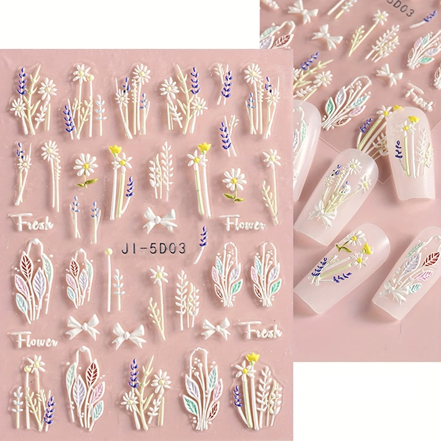 3 Sheets Embossed Flower Leaves Nail Art Stickers Decals Self-Adhesive Nail Art Decoration Manicure Accessories