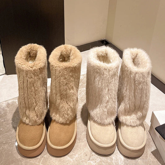 Ddbos apres ski outfits Women's Winter Snow Boots Outdoor Luxury Furry Faux Fox Fur Boots Woman Plush Warm Platform Shoes New Fashion Bottes Big Size