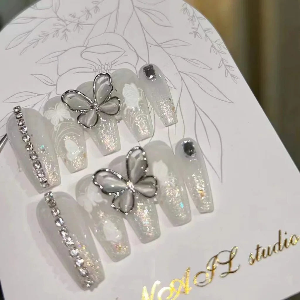 Vertical Chain Butterfly Handmade Phototherapy Manicure Glitter Wearable Nail White Butterfly Diamond Removable Fake Nail Patch